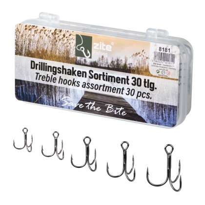 Drillingshaken Sortiment 30 tlg. Größen 2-10 - Drillinge Angeln Haken Set Zite Fishing
