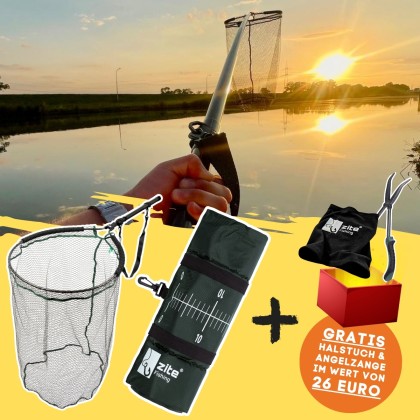 Raubfisch-Kescher Set - Streetfishing-Kescher 3,70 m & Abhakmatte mit Maßband + GRATIS Hakenlösezange & Schal