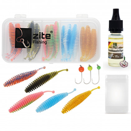Forellenwürmer 5,5 cm 25 Stück mit 3 Tungstenhaken und 10 ml Knoblauch Aroma Zite Fishing