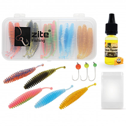 Forellenwürmer 5,5 cm 25 Stück mit 3 Tungstenhaken und 10 ml Käse Aroma Zite Fishing