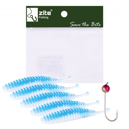 Forellenwürmer Blau Weiß 5,5 cm 5 Stück mit einem Tungsten-Jighaken Zite Fishing