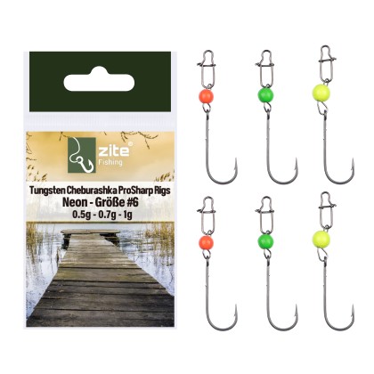 Zite Fishing Tungsten Cheburashka ProSharp Rigs Größe #6 Neon Tungstenperle UV Aktiv Forelle Angelhaken