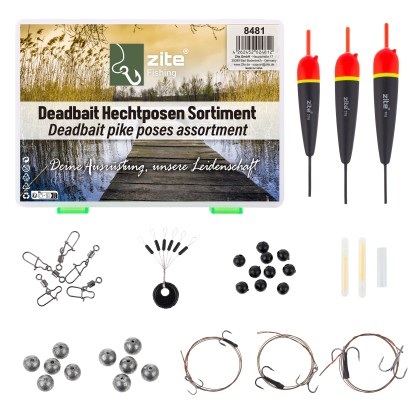 Deadbait Hechtposen Sortiment - Durchlaufposen mit Köderfisch System, Wirbel, Bleigewichte & mehr für das Hechtangeln