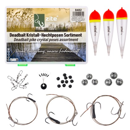 Deadbait Kristall-Hechtposen Sortiment - Raubfischposen mit Köderfisch System, Bleigewichte & mehr für das Hechtangeln