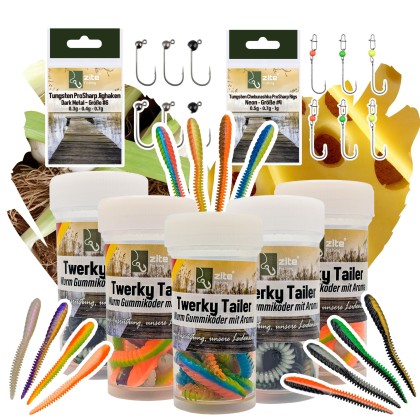 Twerky Tailer Gummiköder Forelle Starterset mit Tungsten Jighaken & Cheburashka Zite Fishing