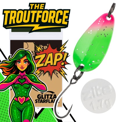 The Troutforce Spoon ZAP! 1,7 g – Glitza Starflare – UV-aktiver UL Spoon für Forellen Zite Fishing 