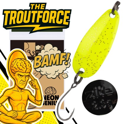 The Troutforce Spoon BAMF! 2,3 g – Neon Genius – UV-aktiver Forellenspoon Zite Fishing