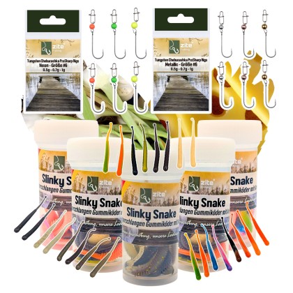 Zite Fishing Slinky Snake Starter Set - 40 Gummiköder Knoblauch & Käse Aroma + 12 Cheburashka ProSharp Haken