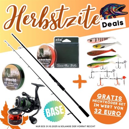 Hecht Base Komplettset - Inzite Base Stick Pike, Spinnig Reel Base 4000, Angelschnur & GRATIS Gummifische + Hechtsysteme