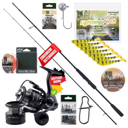 Inzite Pro Stick Barsch-Set - 225 cm Angelrute & Spinning Reel Pro 2000 + Zubehör wie Schnur, Jighaken, Gummifisch