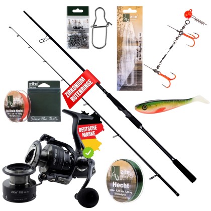 Inzite Pro Stick Hecht-Set - 255 cm Angelrute & Spinning Reel Pro 4000 + Zubehör wie Schnur, Jighaken, Gummifisch