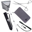 Kescher Gummiert 2,10m 3-Tlg. Bundle mit Hakenlöser Zange Gebogen, Microfaser Handtuch & Fischtöter mit Karabiner