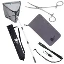 Kescher Gummiert 2,10m 3-Tlg. Bundle mit Hakenlöser Zange Gebogen, Microfaser Handtuch & Fischtöter mit Karabiner