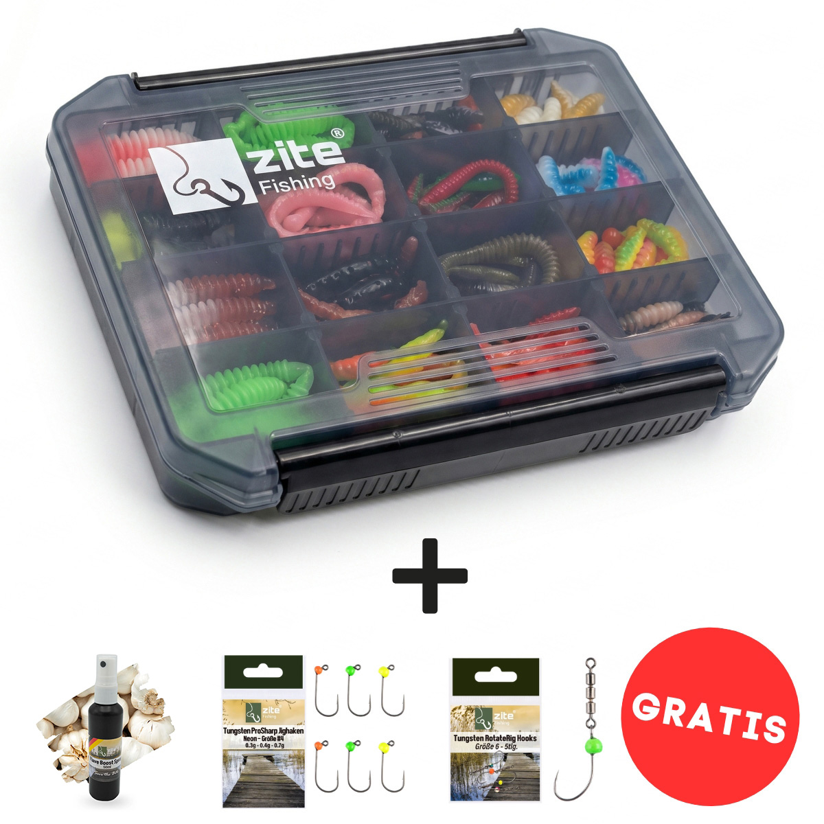 Zite Fishing No Mercy UL Pro Box Set – 128 Forellen Gummiköder + Haken & Knoblauch-Spray GRATIS