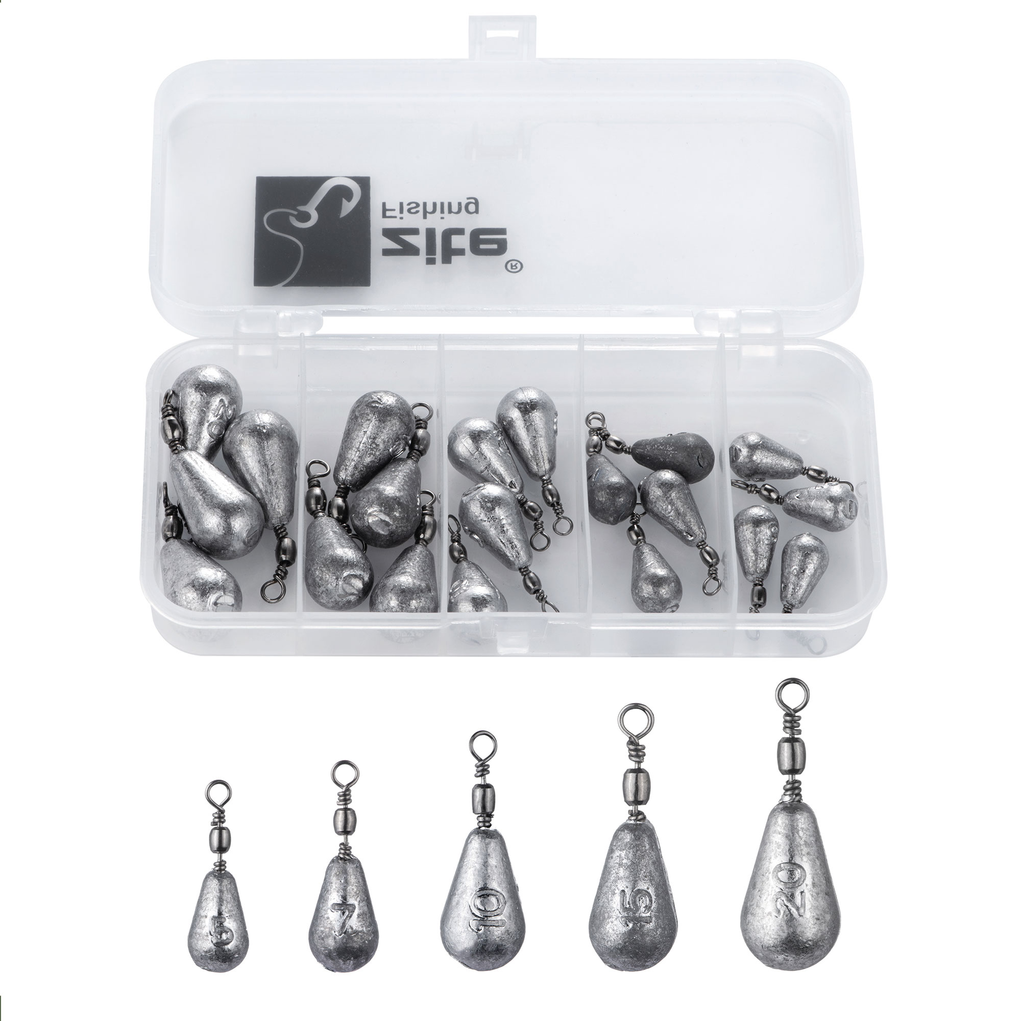 Birnenblei Set 25 Stück 5-20g in Box fürs Grundangeln – Vielseitig für Raub- und Friedfische – Grund-Blei mit Ringclip