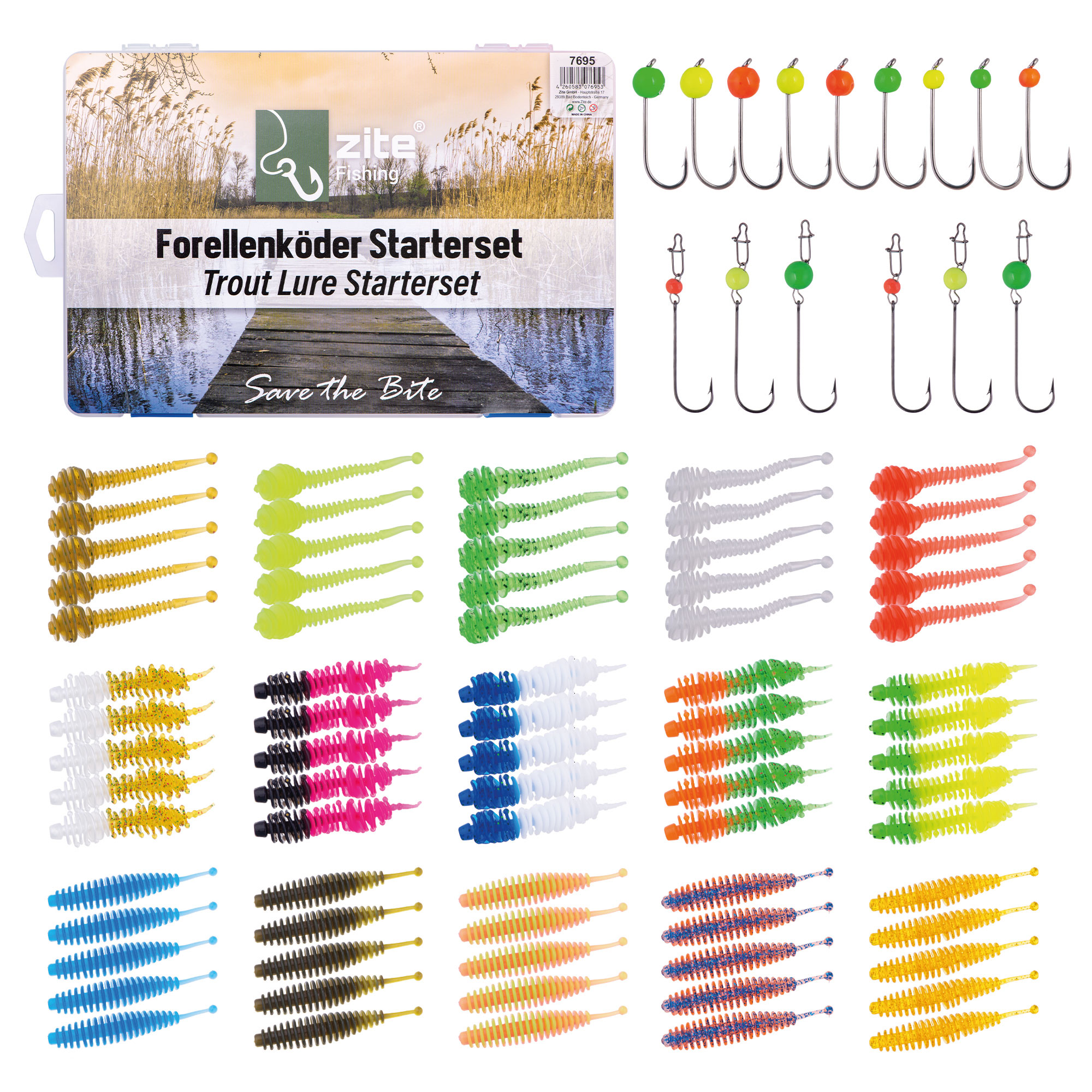 Ultra Light Forellenköder Set 91 Tlg. mit Gummiködern, Tungsten Jighaken + Cheburashka Rigs