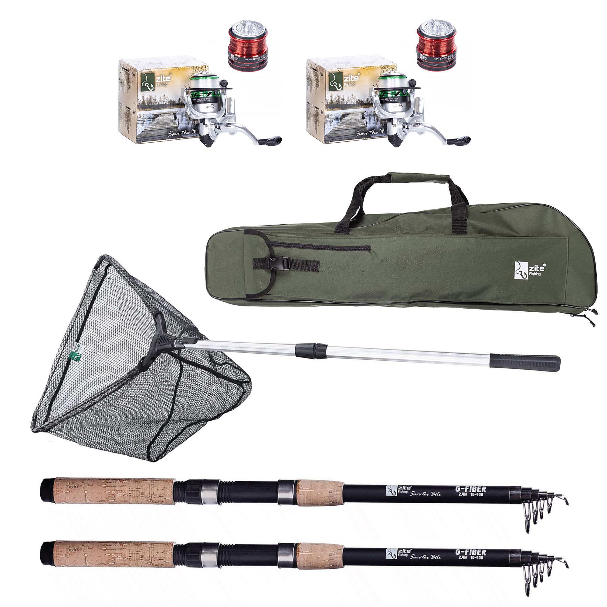 Zite Fishing Angelset für Karpfenangler und Einsteiger – 2 Angelruten mit Rollen, Kescher und Transporttasche
