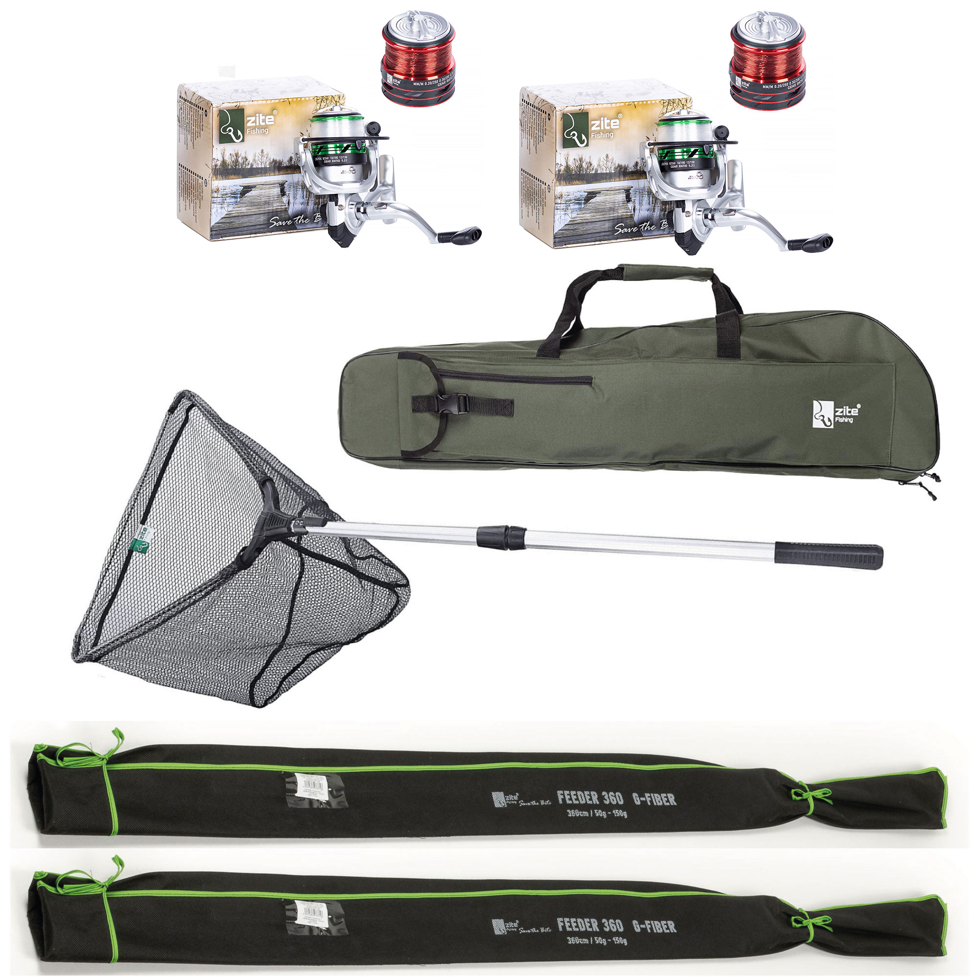 Zite Fishing Duo-Feederruten Set mit Angelrollen, Kescher und praktischer Rutentasche