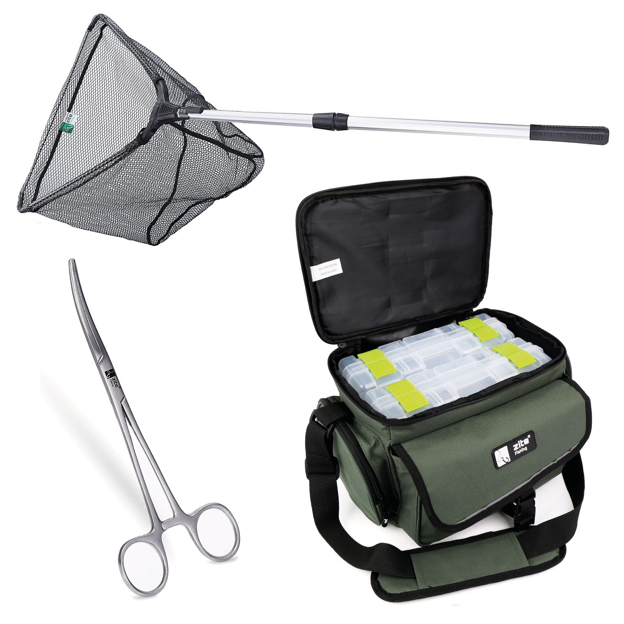 Set mit Kescher 2,10 m, Hakenlöse Zange und Angeltasche klein Zite Fishing Set mit Kescher 2,10 m, Hakenlöse Zange und Angeltasche klein Zite Fishing