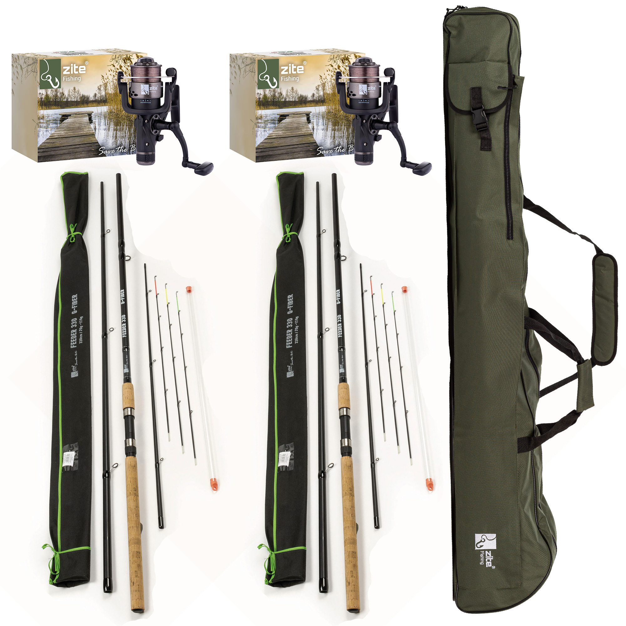 Zite Fishing 2x Feederrute 3,30 m + 2x Freilaufrolle bespult + Rutentasche 1,50 m