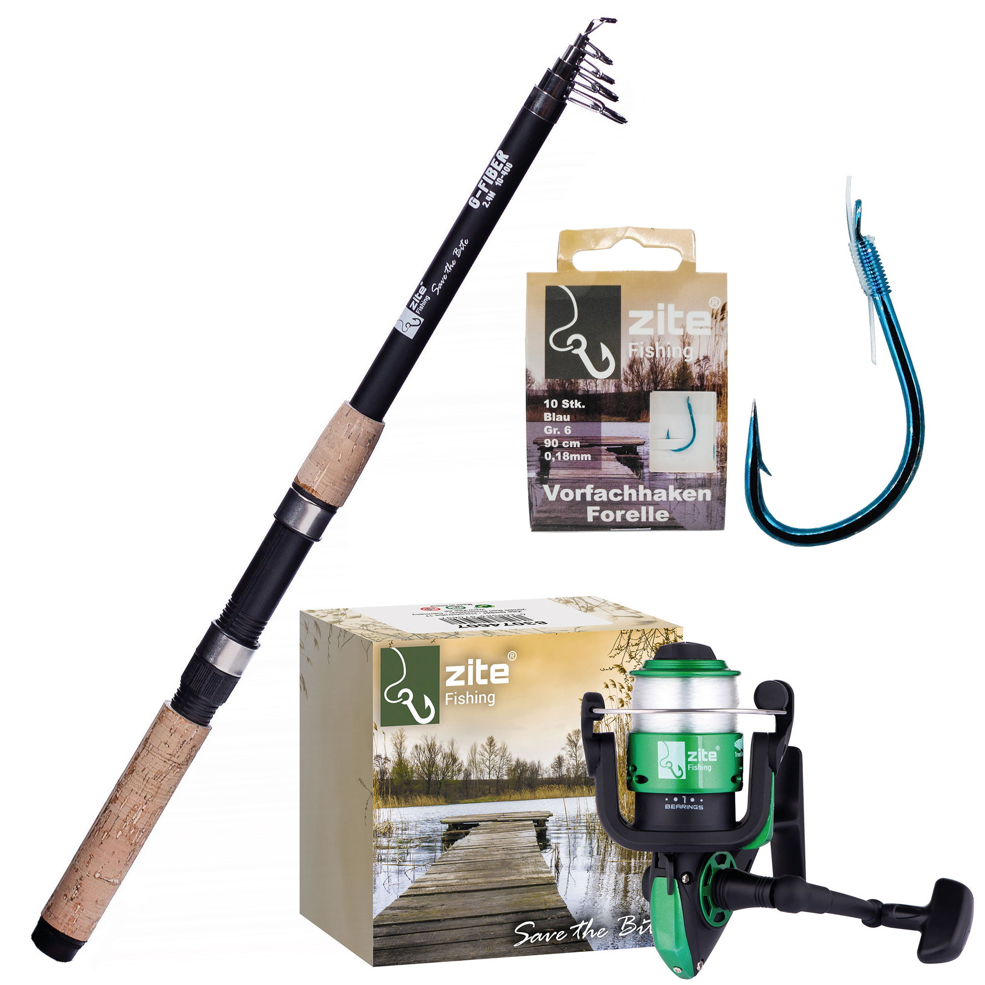 Zite Fishing Teleskoprute 2,40 m + Forellenrolle bespult + Haken mit Schnur Forelle Gr. 8