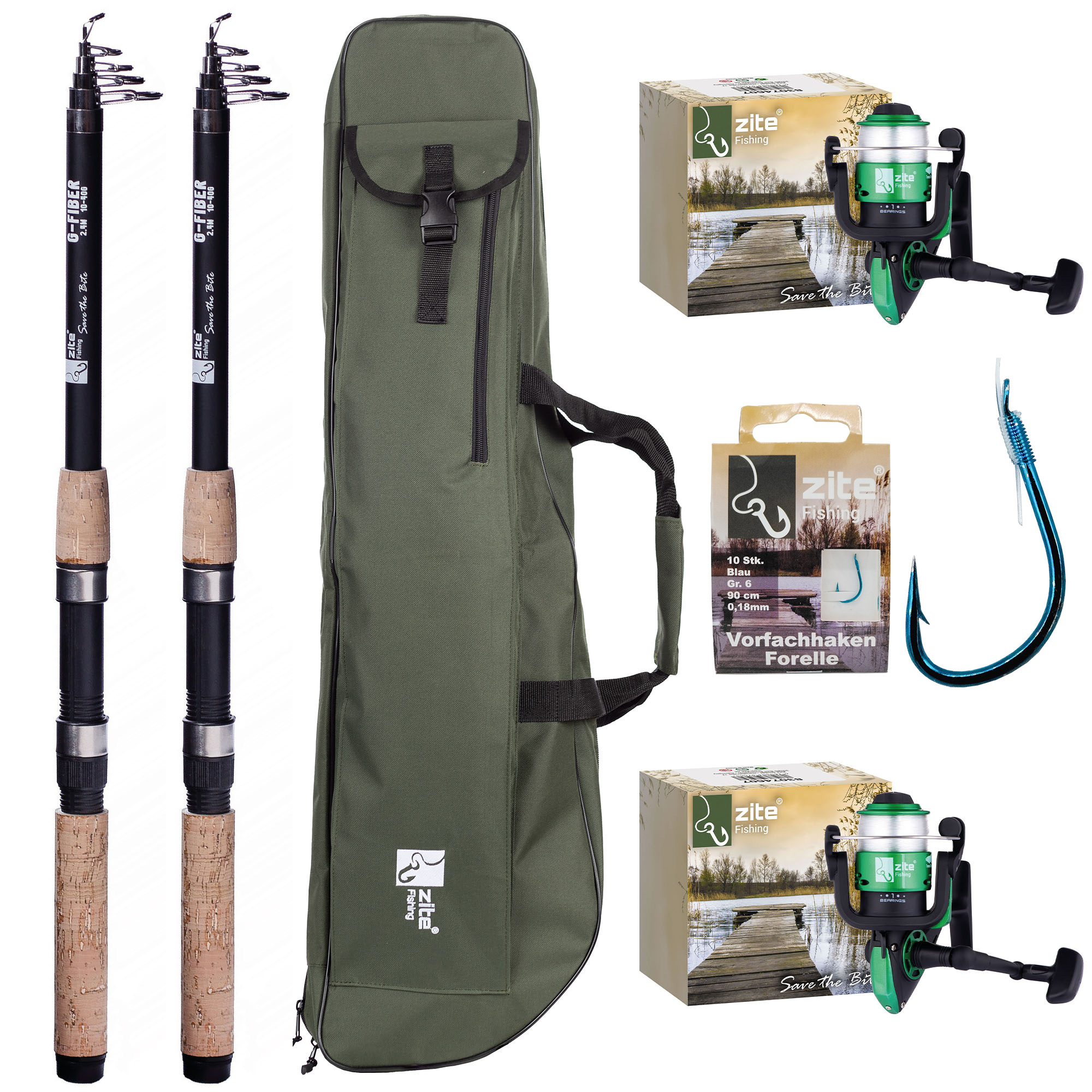 Zite Fishing 2x Teleskoprute 2,40 m + 2x Forellenrolle bespult + Rutentasche 1 m + Haken mit Schnur Forelle Gr. 8