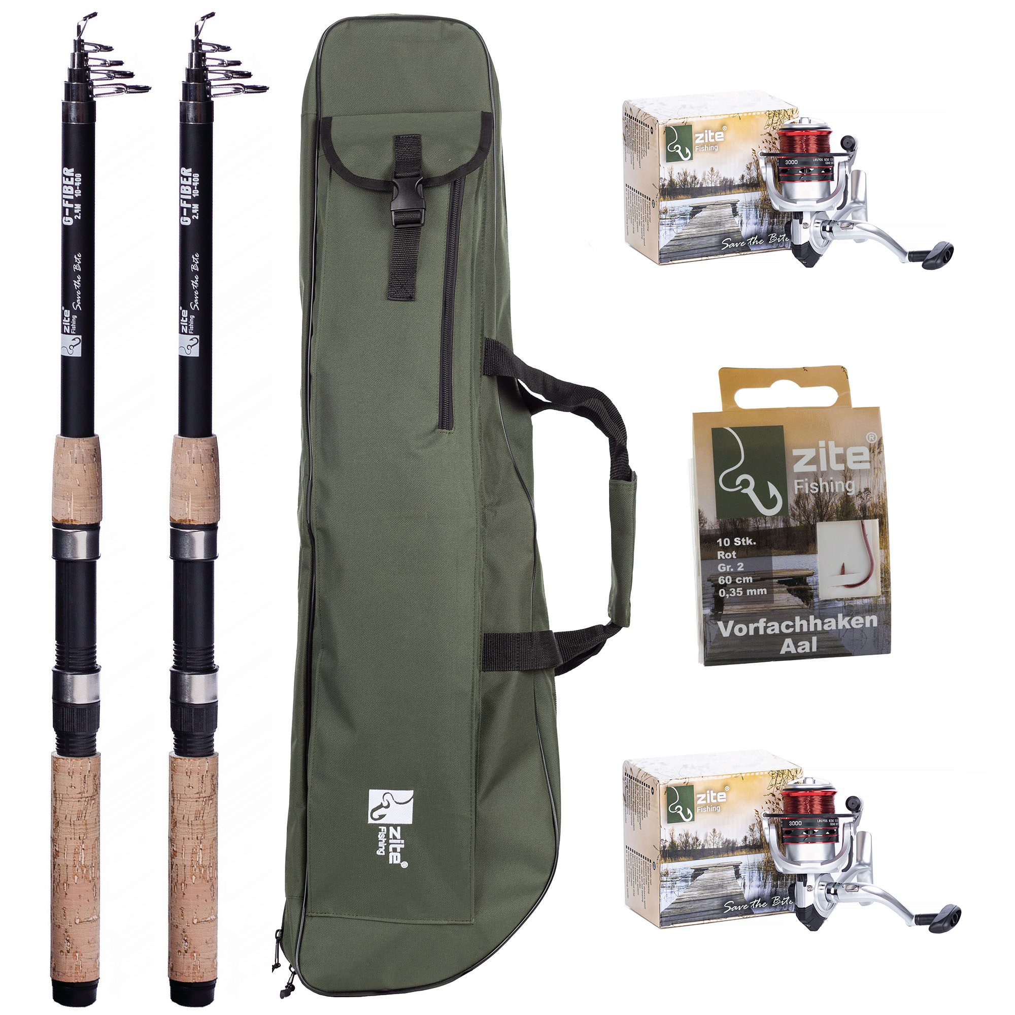 Zite Fishing 2x Teleskoprute 2,70 m + 2x Karpfenrolle bespult Base Reel 3000 + Rutentasche 1 m + Haken mit Schnur Aal