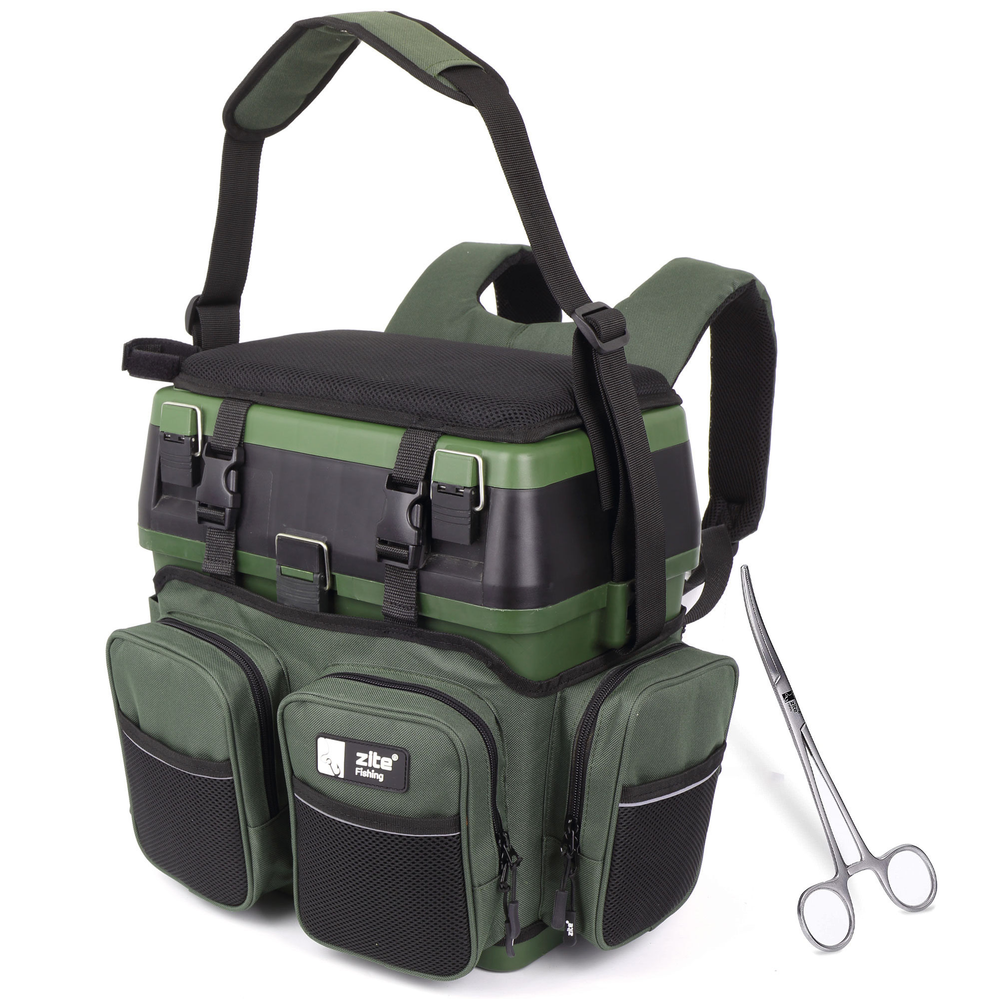 Zite Fishing Multi Angel-Koffer-Rucksack u. Sitz-Kiepe in 1 + Hakenlöser Zange Gebogen 18cm