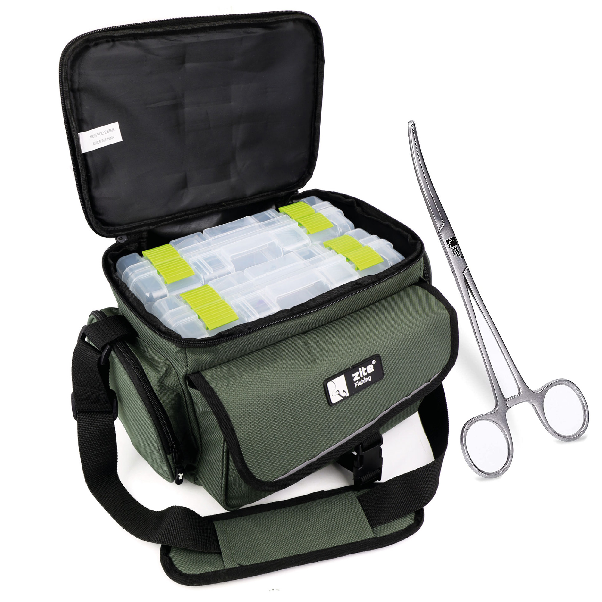 Zite Fishing Angeltasche mit Tragegurt und 4 Kunstköderboxen 35 x 22 x 20 + Hakenlöser Zange Gebogen 18cm