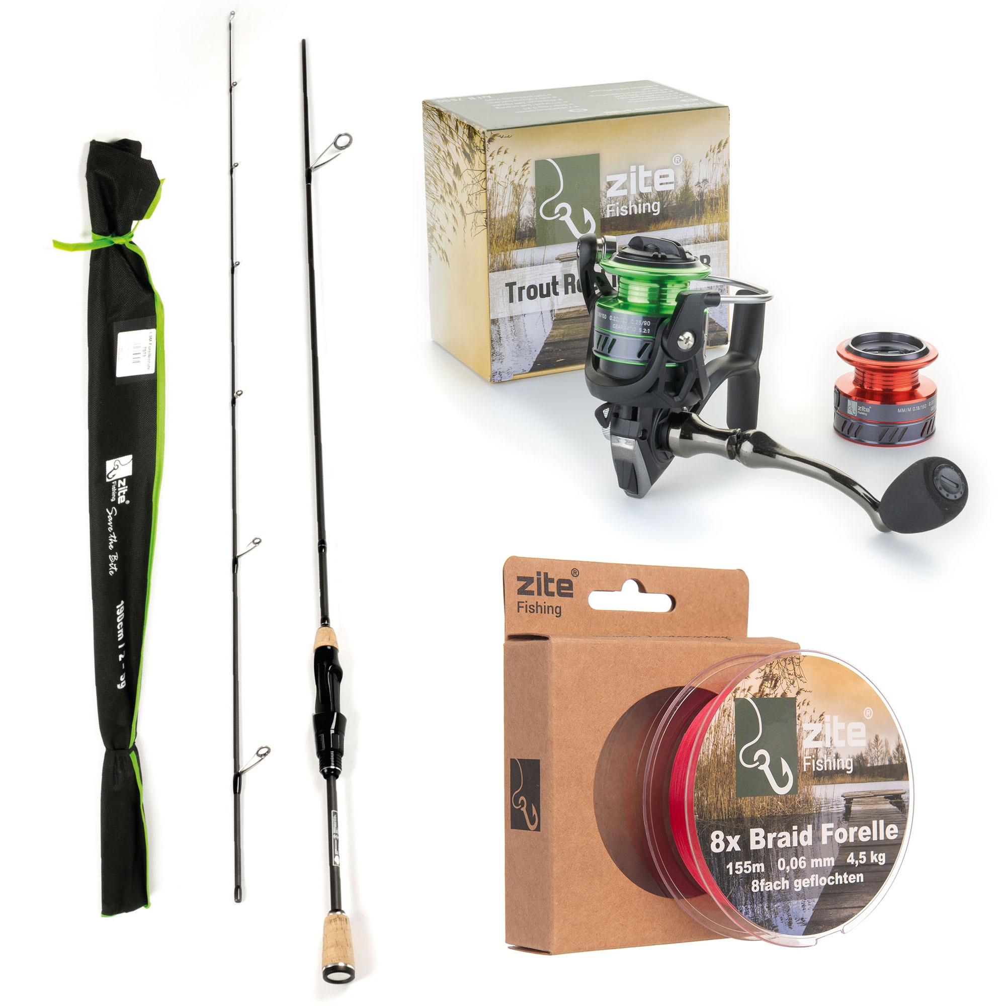 Zite Fishing Forellen-Set Trout Spoonrute 190cm mit Angelrolle 1000 3+1 BB und 0,06mm 3fach geflochtener Schnur