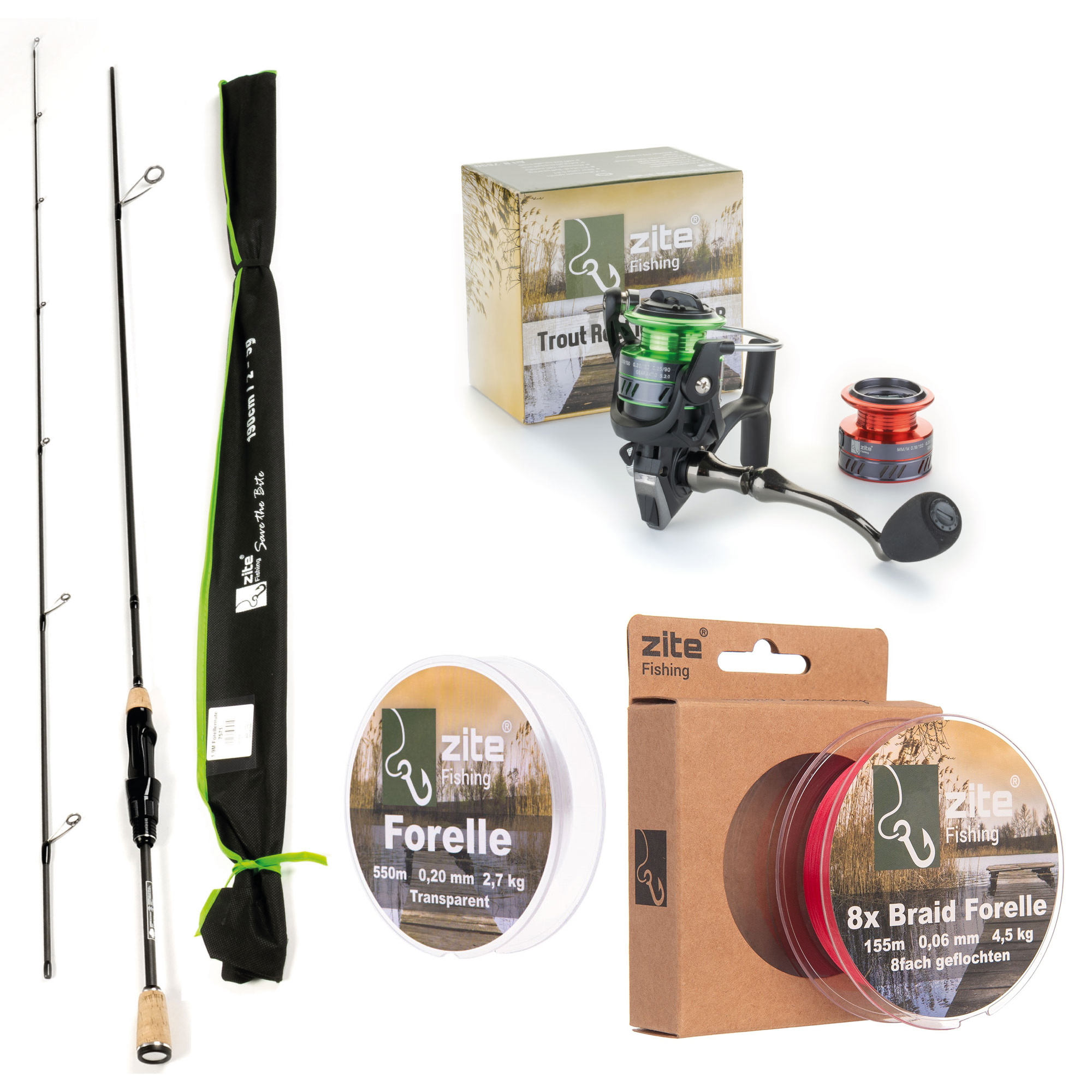 Ultra Light Angelset Spoon Rute 210cm + Angelrolle 1000 3+1 BB + 3x Schnur geflochten 0,06mm