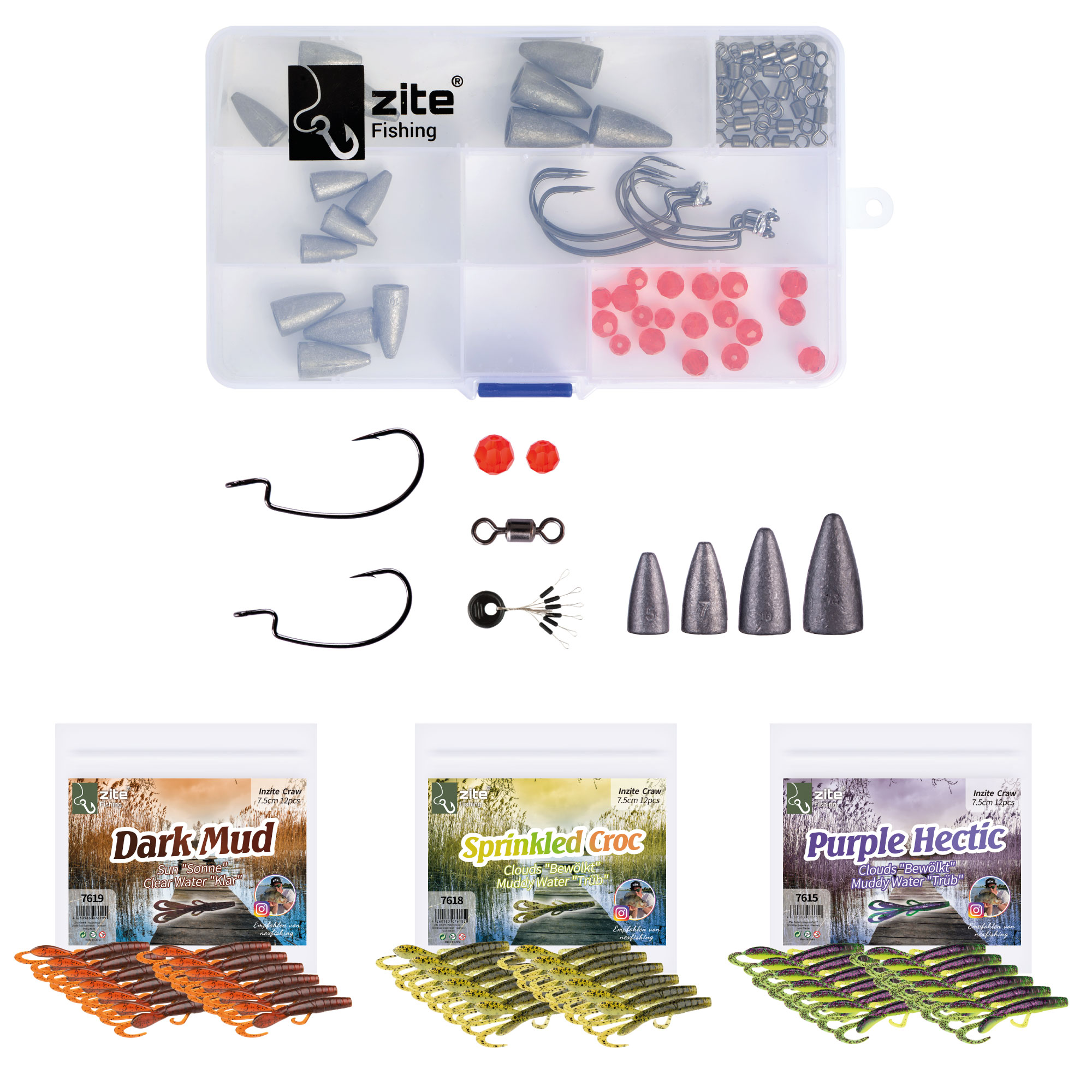 Zite Fishing Carolina /Texas-Rigbox-Set 70 tlg. inkl. 36 Stk. Creature Bait Gummiköder in 3 Farben Zite Fishing Carolina /Texas-Rigbox-Set 70 tlg. inkl. 36 Stk. Creature Bait Gummiköder in 3 Farben