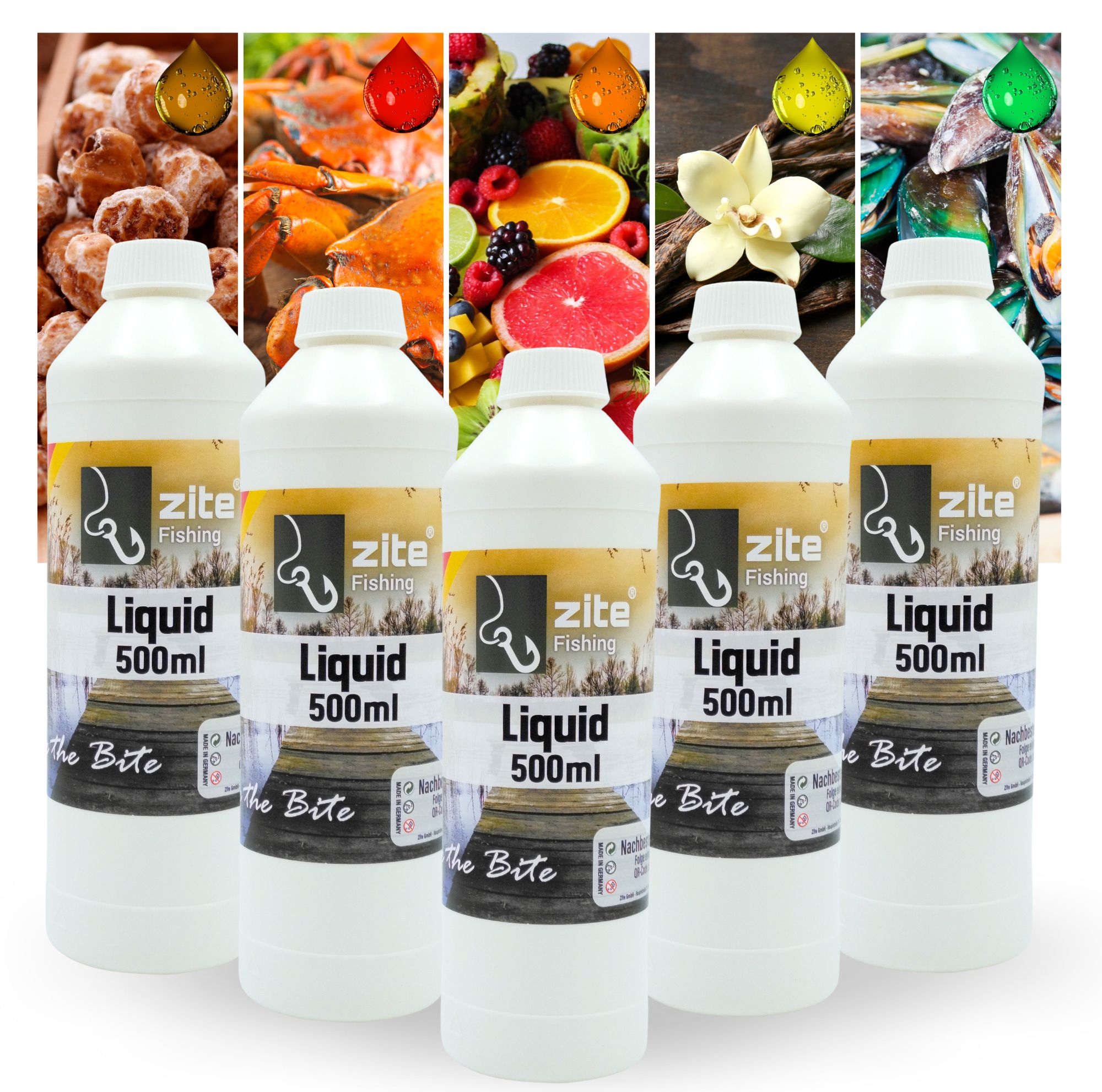 Zite Fishing Liquid Flüssigaroma 5er Set Tigernuss, Tutti Frutti, Vanille, Muschel & Monster Crab Zite Fishing Liquid Flüssigaroma 5er Set Tigernuss, Tutti Frutti, Vanille, Muschel & Monster Crab