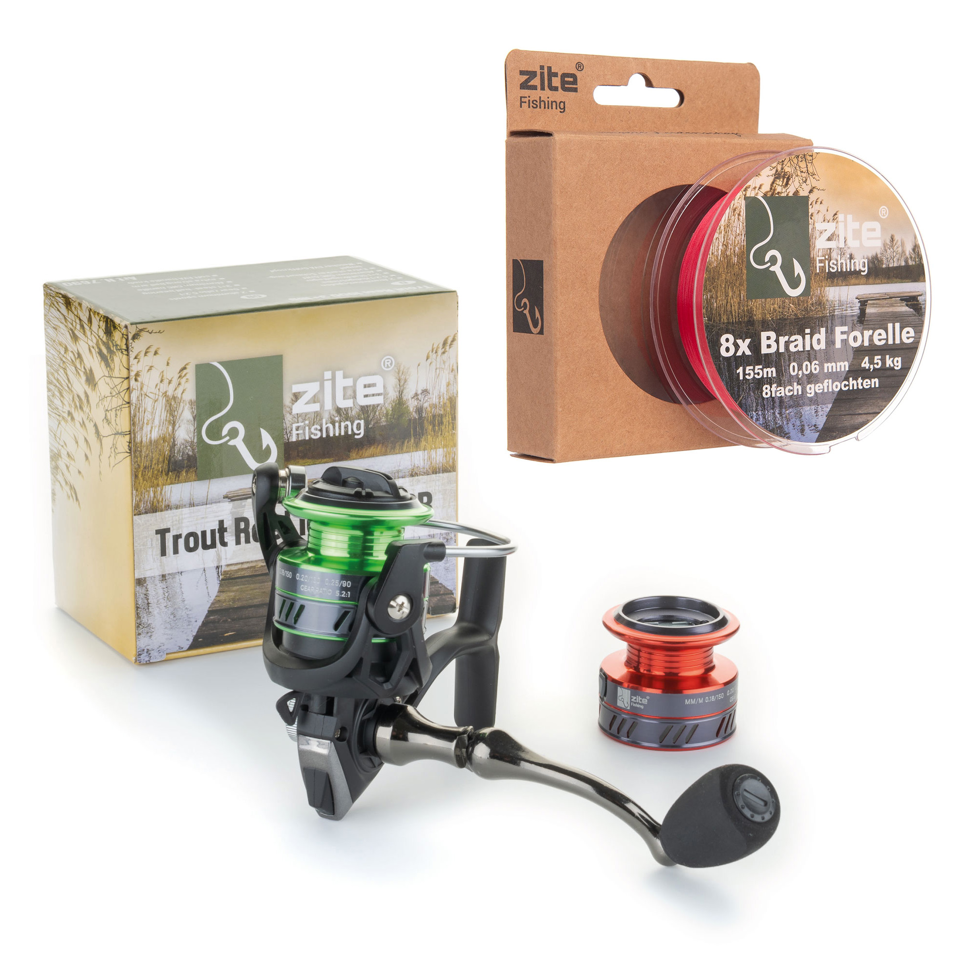 Forellen Angelrolle UL-Rolle 1000 + 3x geflochtene Schnur 0,06mm Rot Zite Fishing