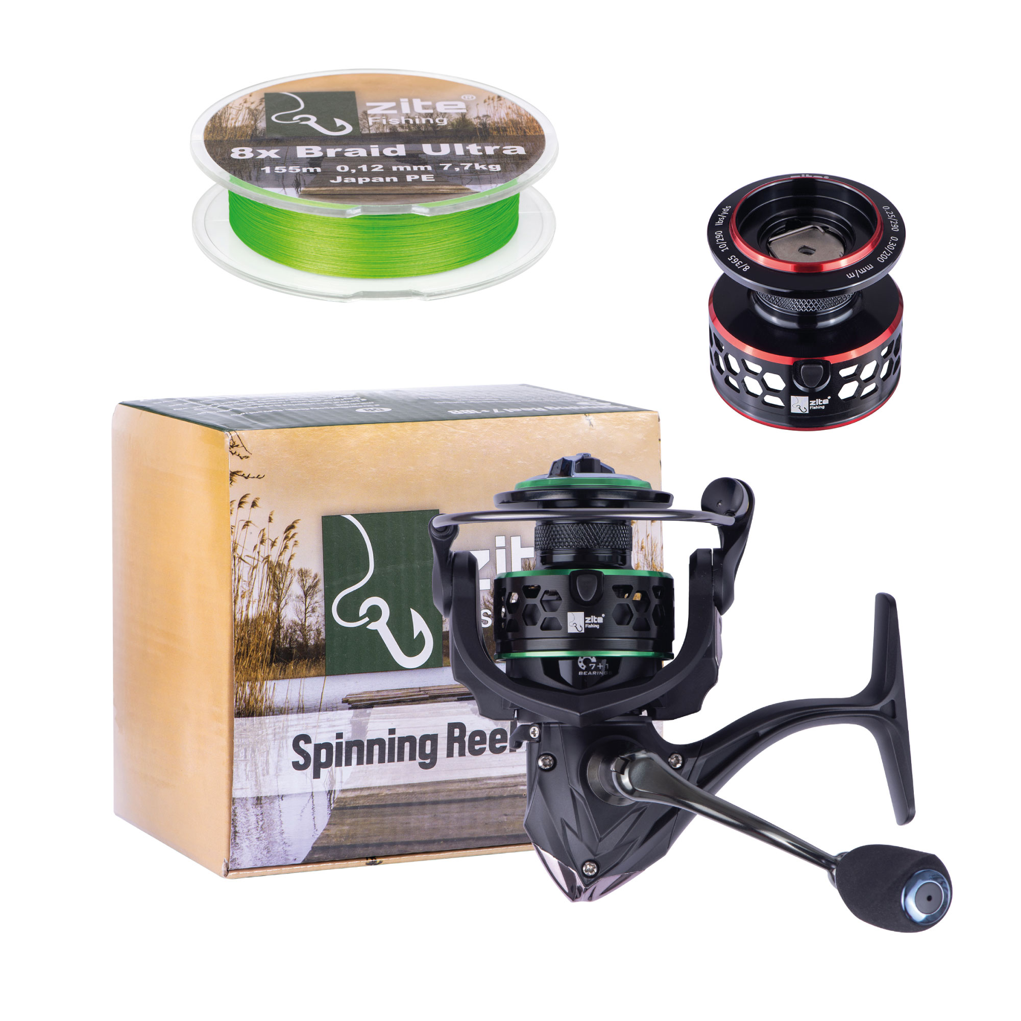 Zite Fishing Angel-Set Spinnrolle 3000 7+1 BB & 8x geflochtene Japanschnur Zander 0,12 mm