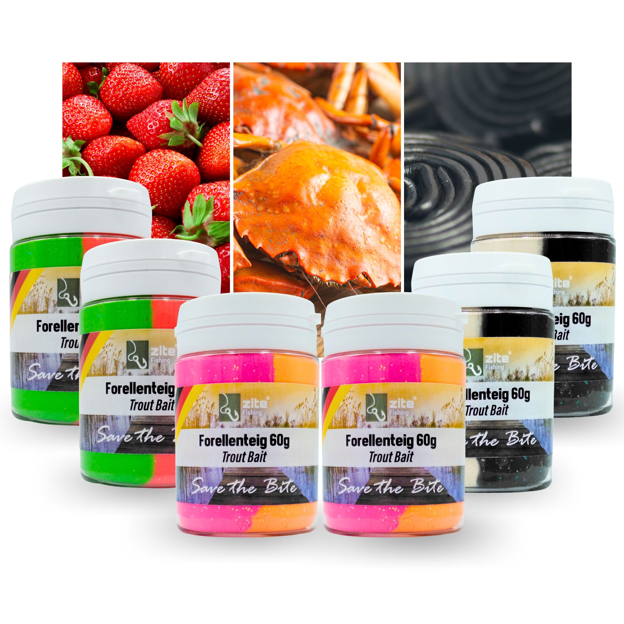 Zite Fishing Special Edition Forellenteig-Set – 2×3 Sorten Angelpaste – Lakritz, Erdbeere, Krabbe