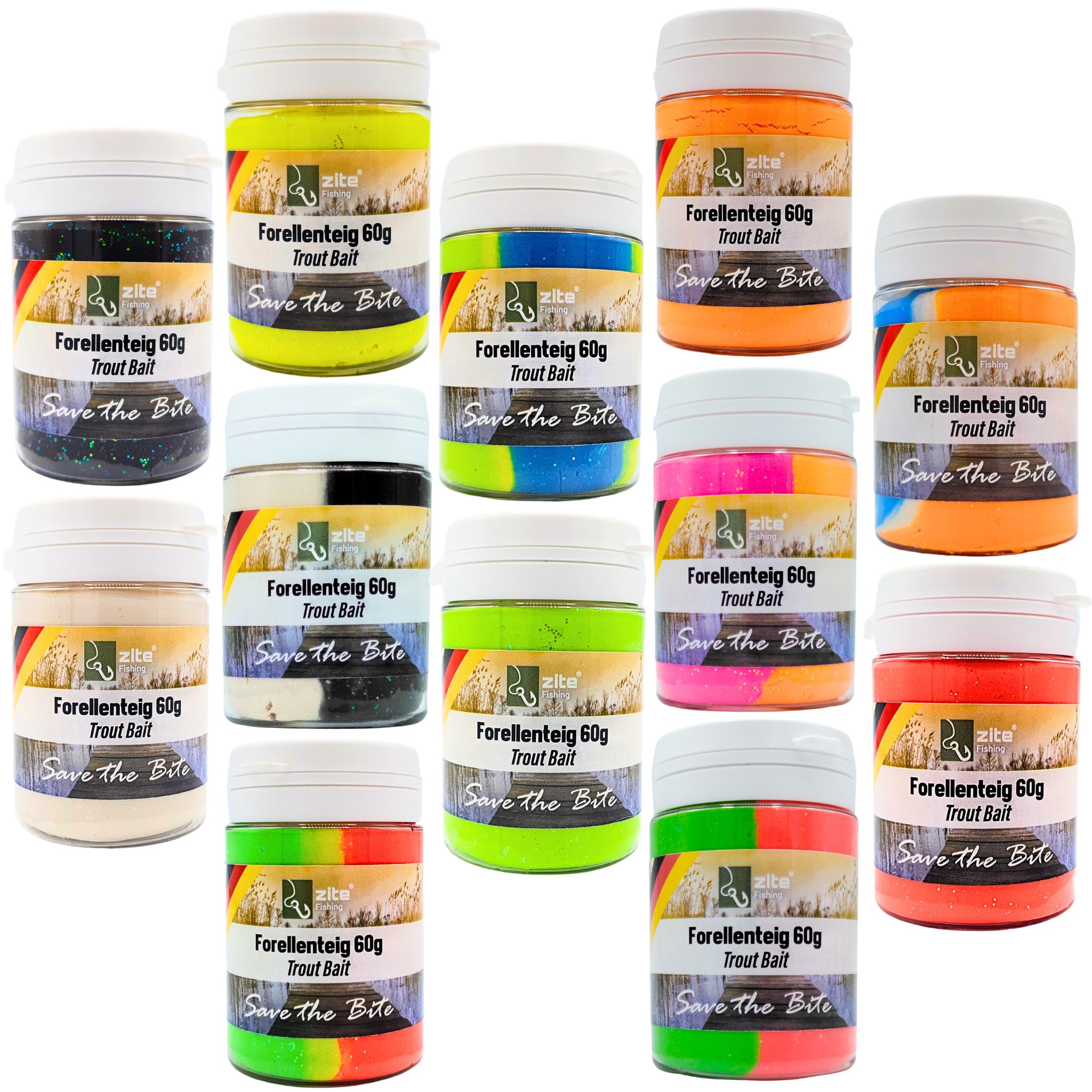 Forellenteig XXL-Set – 12x60g Glitter Trout Bait – Alle 12 Aromen & Farben von Zite Fishing Forellenteig XXL-Set – 12x60g Glitter Trout Bait – Alle 12 Aromen & Farben von Zite Fishing