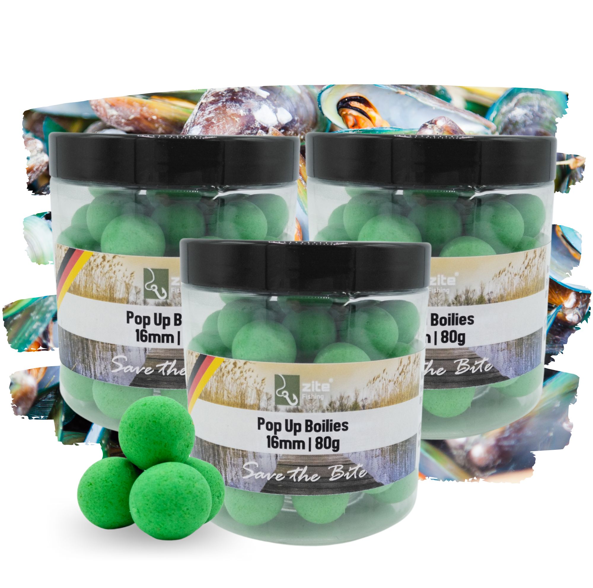 Zite Fishing 16mm Pop Up Boilie-Set Muschel Aroma 3x80g – Optimale Auftriebseigenschaften & Hochfängige Aromen