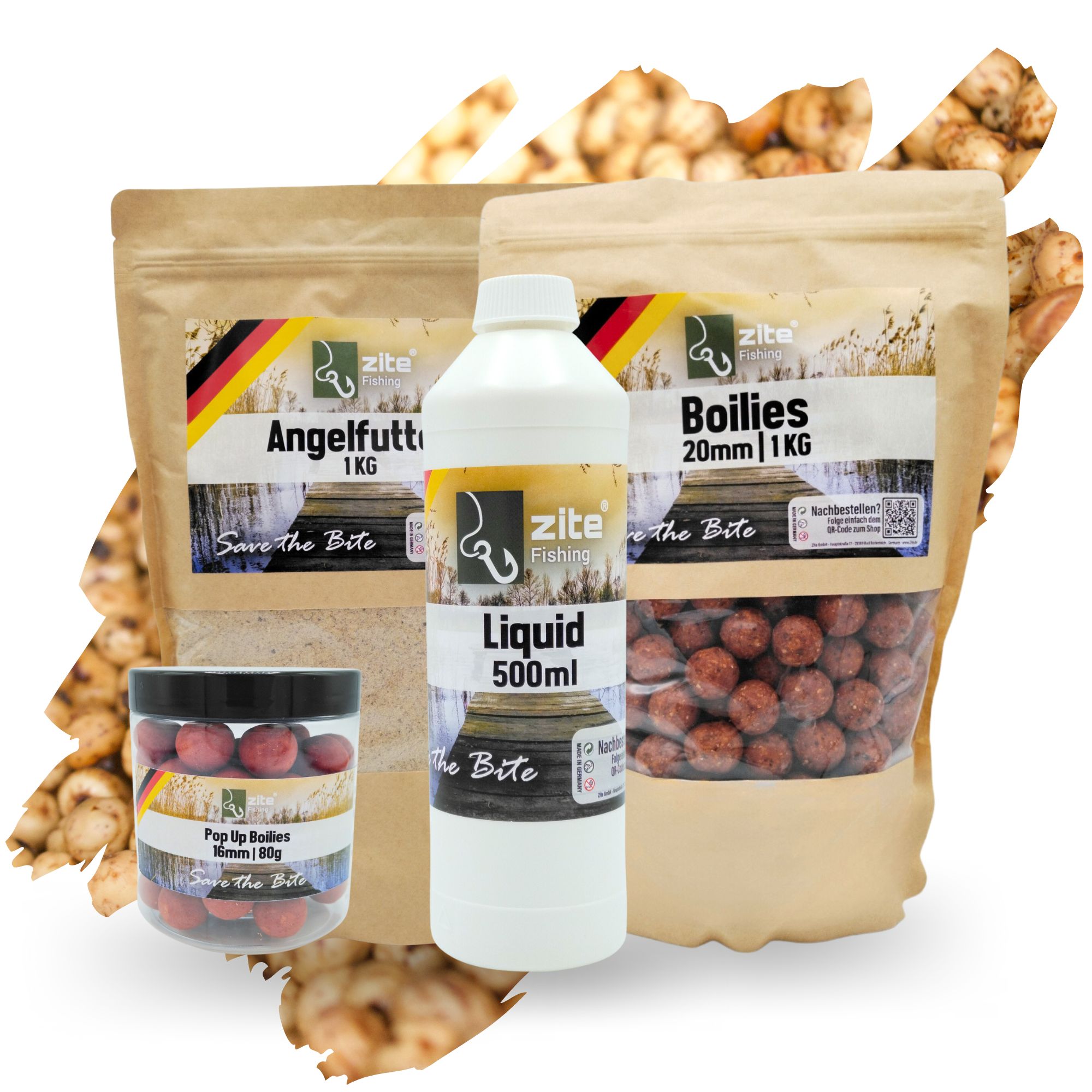 Zite Fishing Angelfutter Set 16mm Pop Up’s, 20mm Boilies, 1 kg Grundfutter + und 500ml Liquid in Tigernussaroma