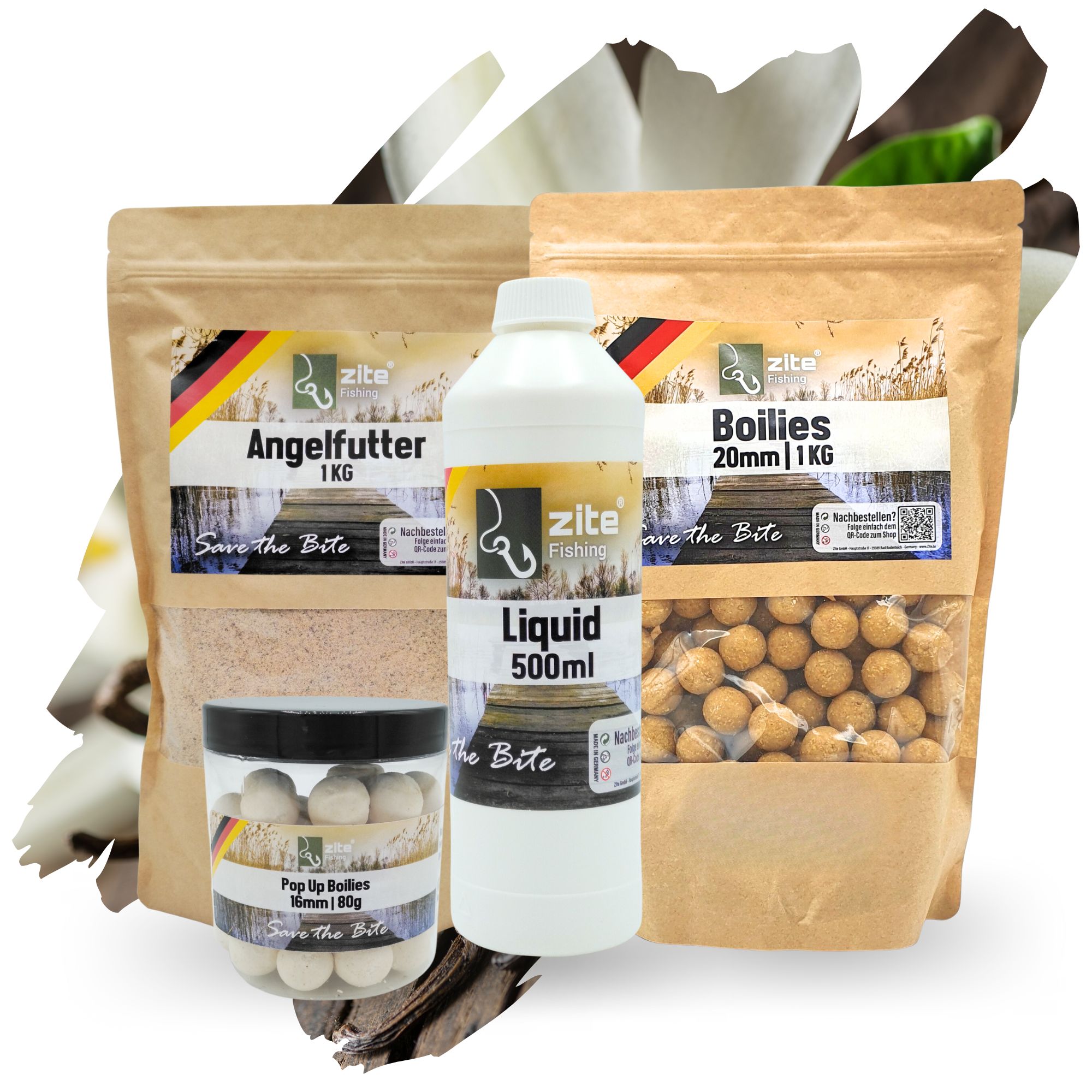 Zite Fishing Angelfutter Set 16mm PopUp, 20mm Boilies, 1 kg Grundfutter + und 500ml Liquid in intensivem Vanillearoma