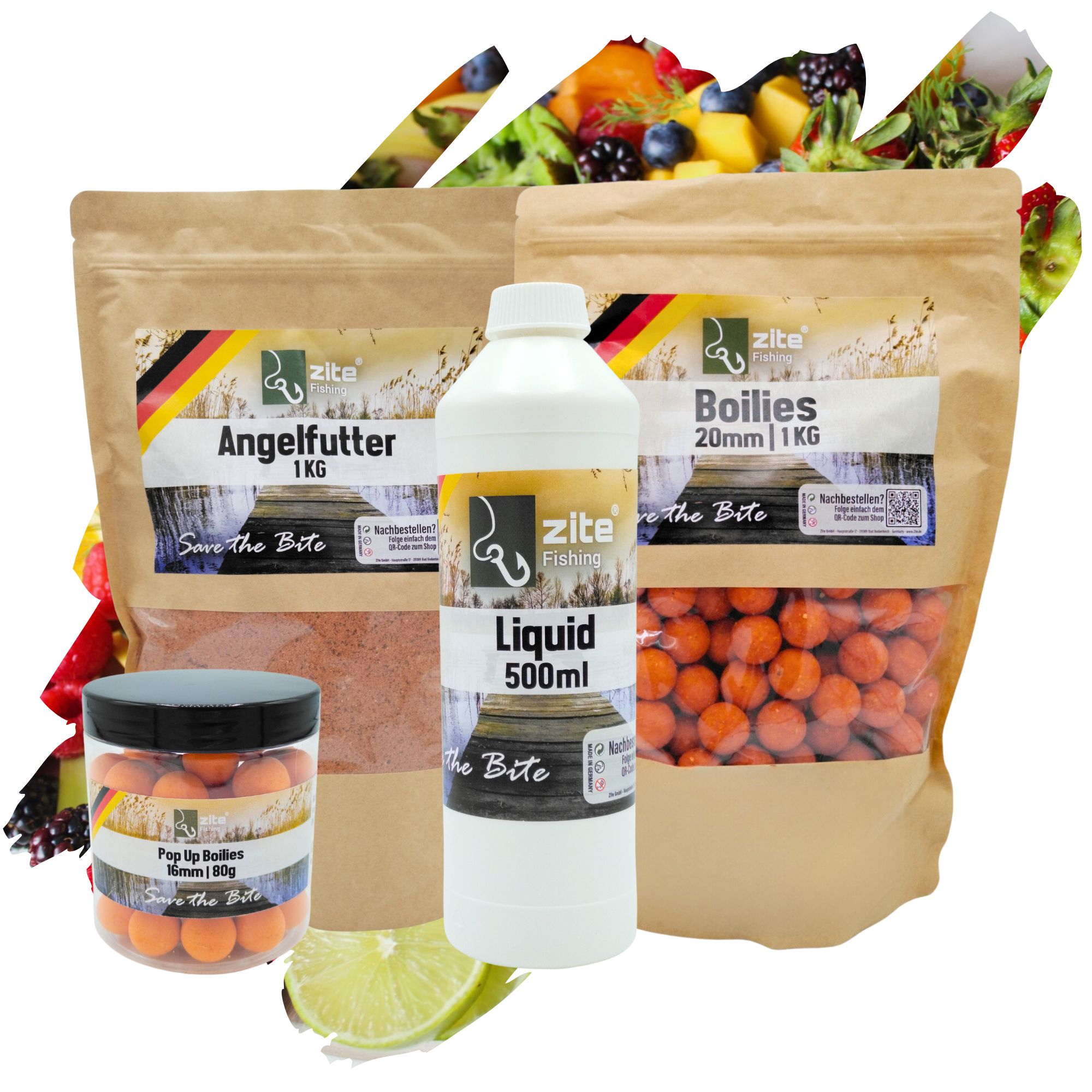 Zite Fishing Angelfutter Set 16mm PopUp, 20mm Boilies, 1 kg Grundfutter + und 500ml Liquid in Tutti Frutti Aroma