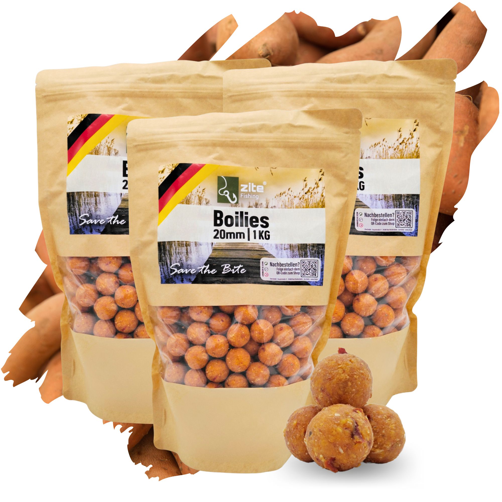 Zite Fishing 20 mm Boilies mit starker Lockwirkung Süßkartoffel-Chilli Aroma 3×1 kg