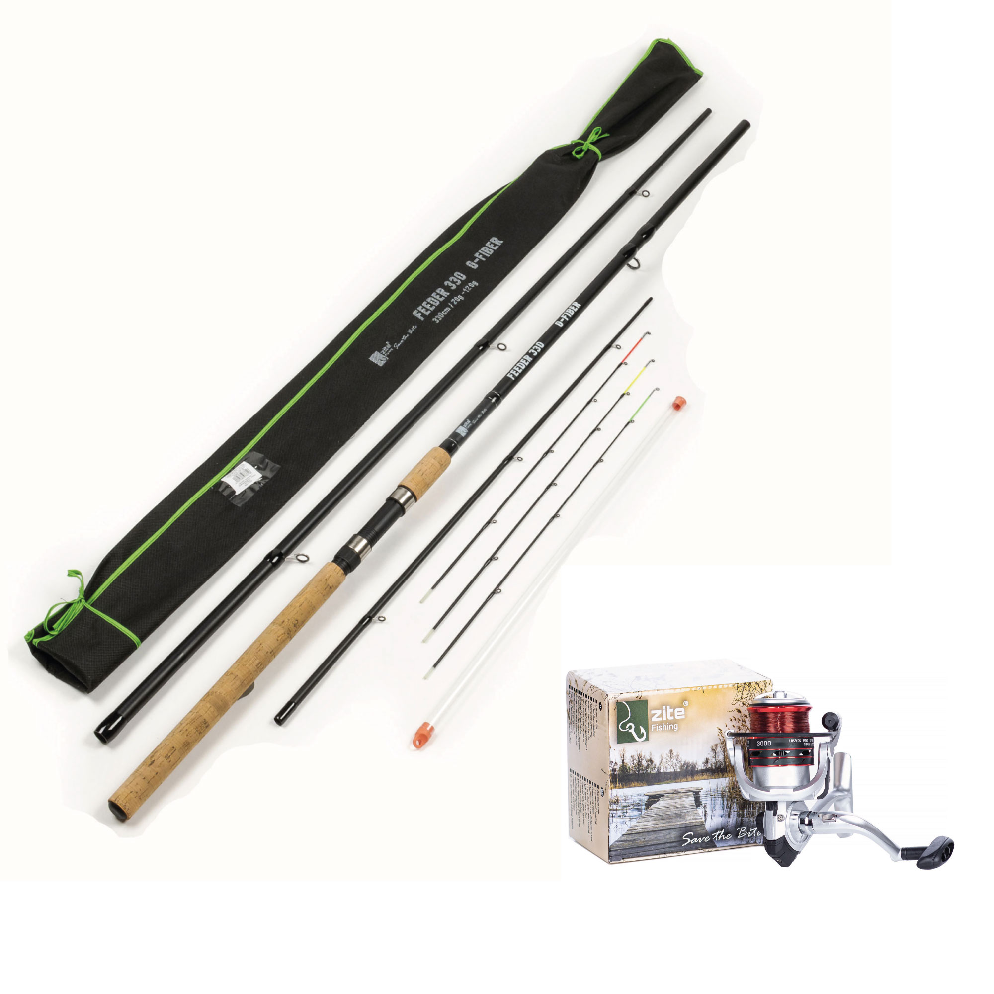 Zite Fishing Angel-Set Feederrute 3,30m 20-120g Wurfgewicht + Basisrolle Karpfen 3000 3BB inkl. 2 Alu Spulen