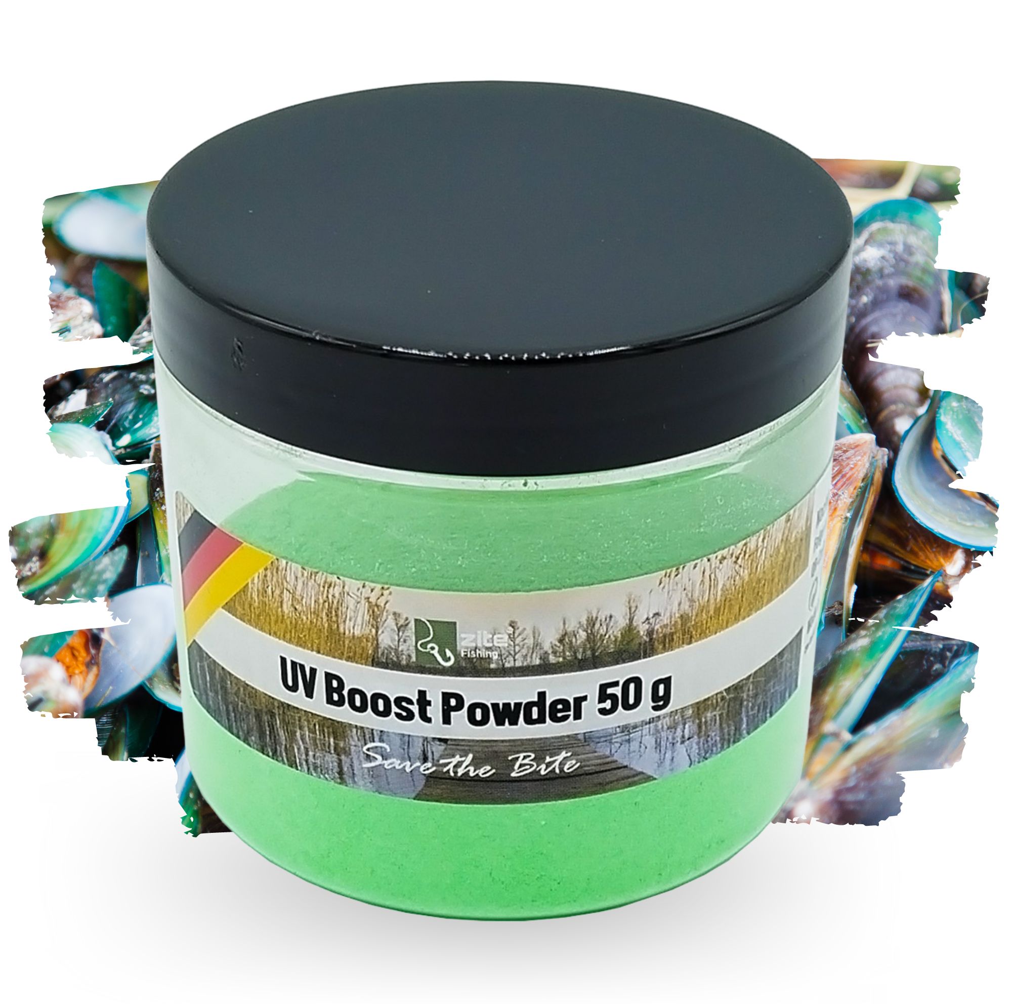 Zite Fishing Dip Powder Muschel/Halibut Fluo grün 50 g