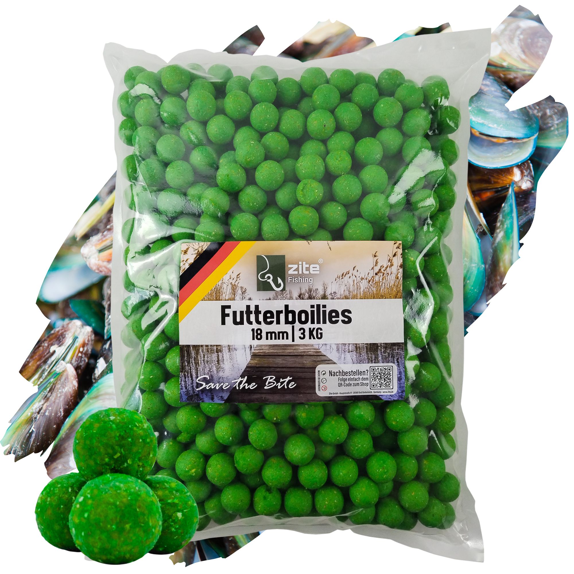 Zite Fishing Futterboilies Muschel grün 18 mm 3 kg Zite Fishing Futterboilies Muschel grün 18 mm 3 kg