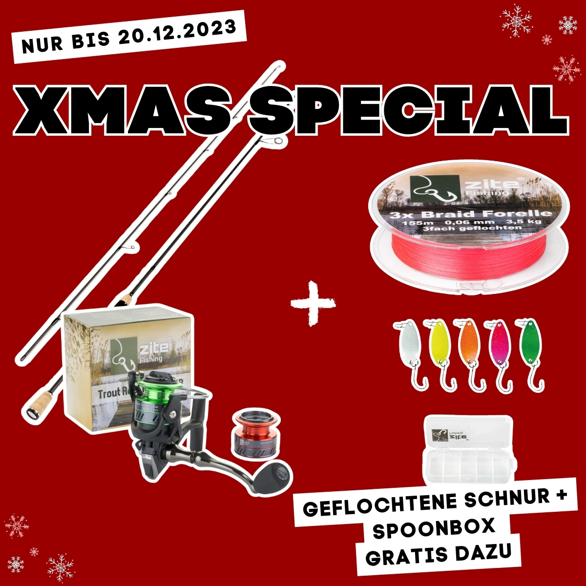 XMAS SPECIAL: UL Forellenrute 190cm, 1000er Rolle + GRATIS 3fach geflochtene Schnur + Spoons