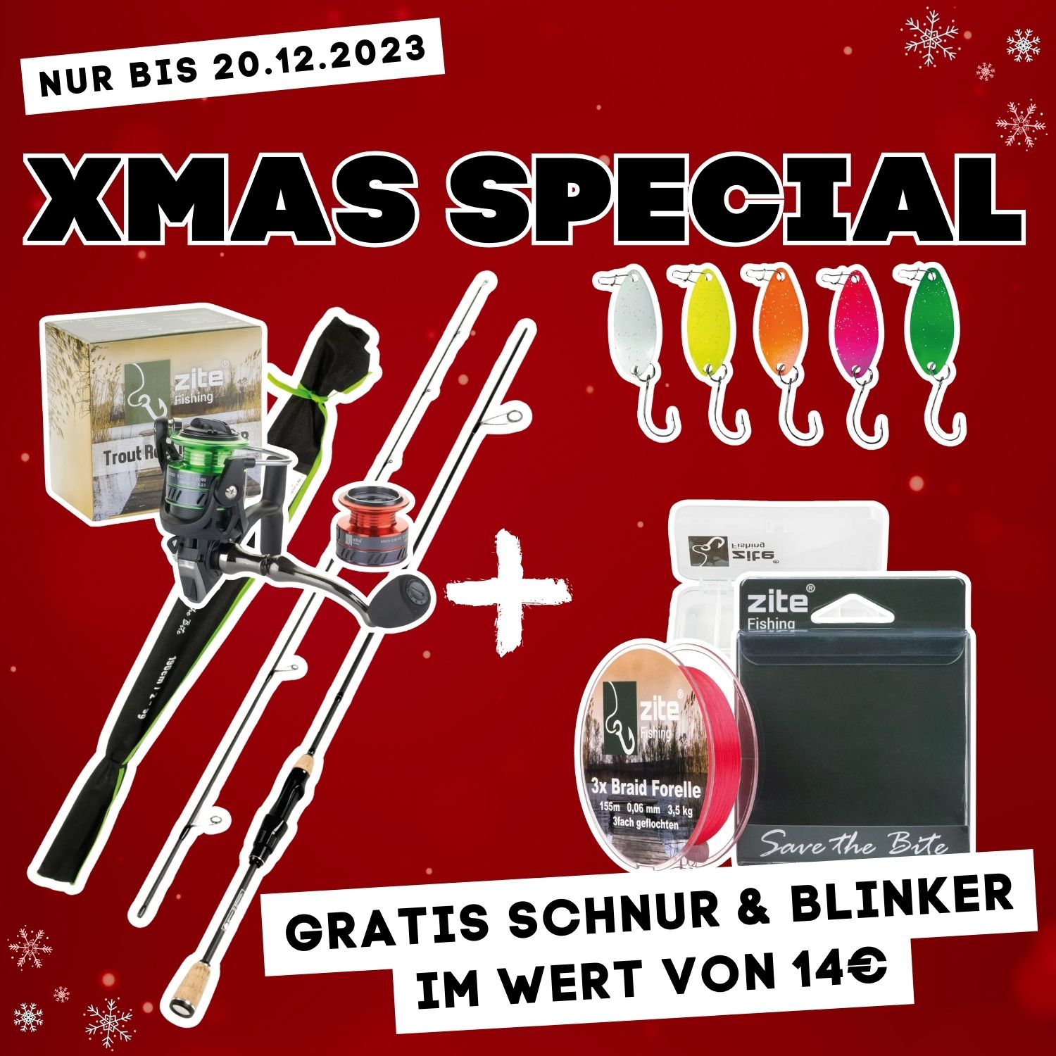 XMAS SPECIAL: Forellenrute 210cm, Angelrolle 1000 + GRATIS 3fach geflochtene Schnur + Spoons