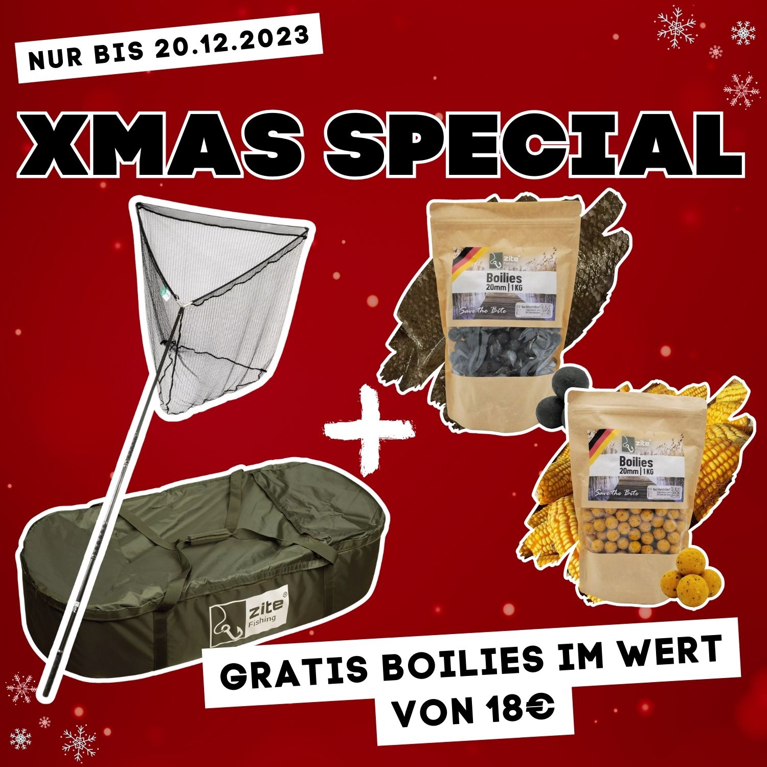 XMAS SPECIAL: Karpfenkescher, Abhakmatte + 20mm Boilies Halibut + süßer Mais Gratis