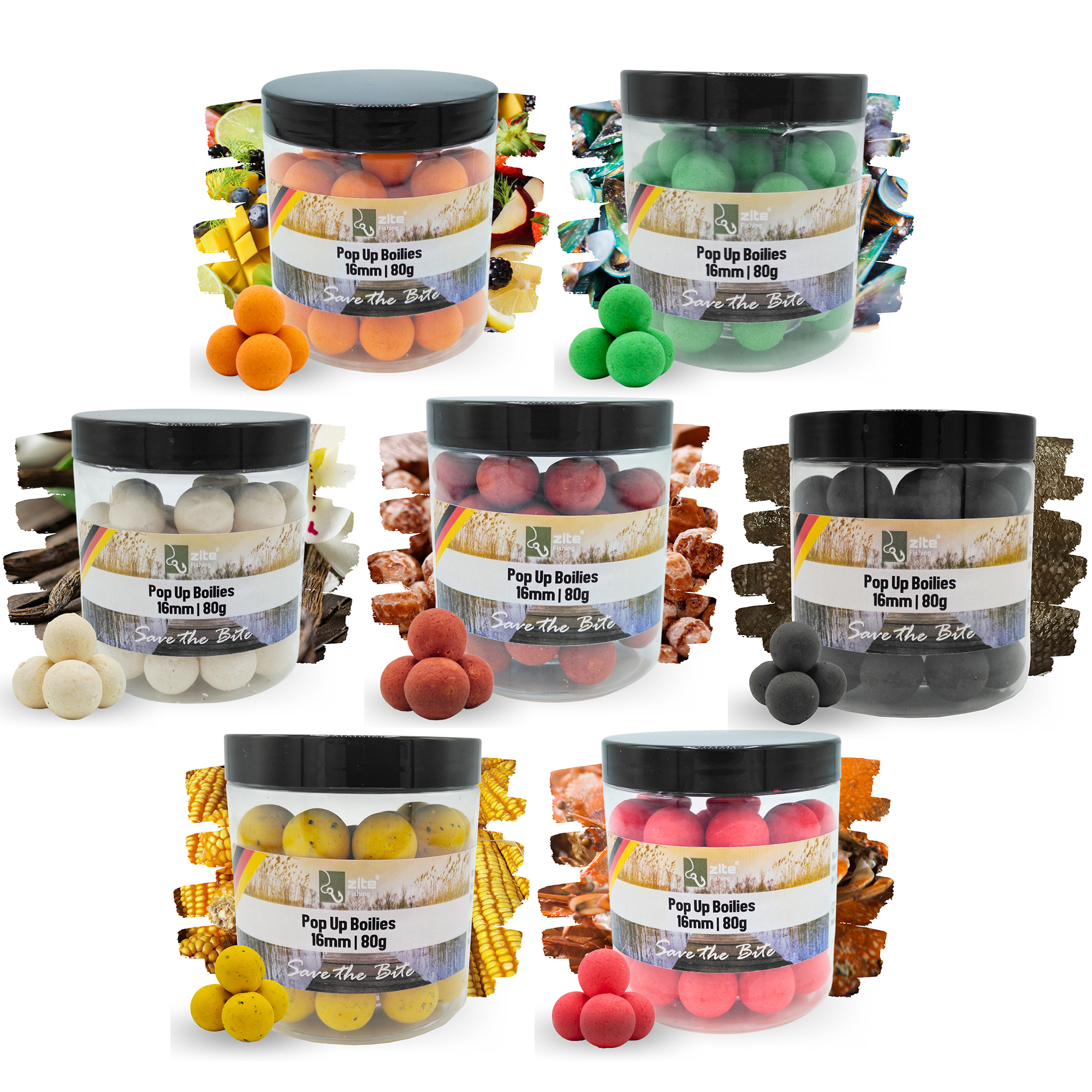 Zite Fishing 16mm Pop Up Set – 7 Aromen – Karpfen-Köder mit optimalen Auftriebseigenschaften