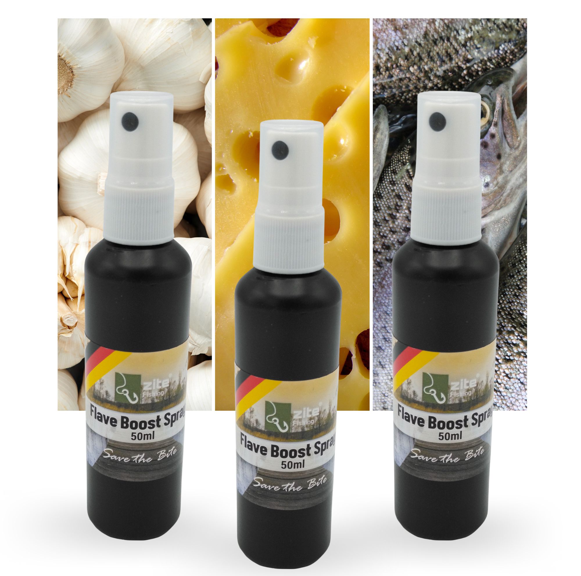 Zite Fishing Flave Boost Spray 3×50 ml Set Knoblauch, Käse, Fisch Zite Fishing Flave Boost Spray 3×50 ml Set Knoblauch, Käse, Fisch